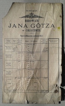 Browar Jana Gotza w Okocimie Frachtbrief 1906