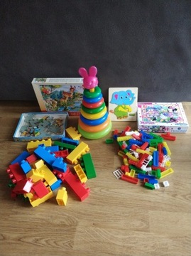 Duży zestaw zabawek klocki cymbałki puzzle zabawki
