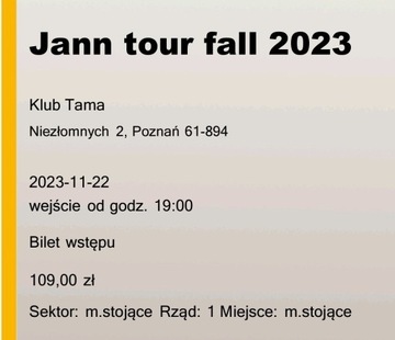 2 Bilety na koncert Jann Tour Fall 2023