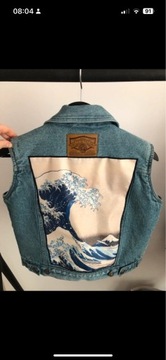 Kamizelka jeansowa obraz Hokusai Wielka Fala w Kanagawie ocieplana JEP’S