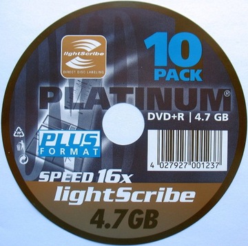 Platinum. DVD+R 4.7 GB. LightScribe. Koperty.