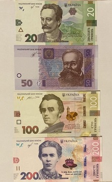 UKRAINA Banknoty 20 Hrywien, 50 Hrywien, 100, 200