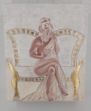 Obraz ręcznie malowany beżowo zloty akt kobiecy 