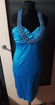 Błękitna sukienka roz 42 ale jak 38/40 z perełkami