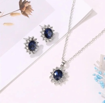 Komplet biżuterii niebieski kamień naszyjnik i kolczyki srebrny 14k kolor 