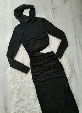 ZARA marszczona czarna długa sukienka XS 34