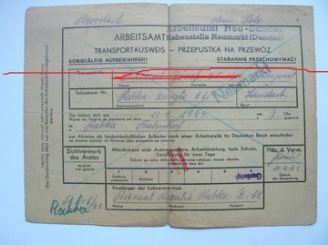 Przepustka na przewóz 1943 Rabka. Arbeitsamt