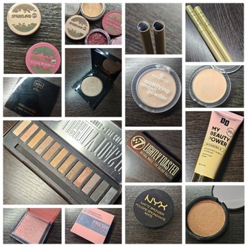 Pełny zestaw kosmetyków do makijażu. Podkład, cienie, bronzer, róż, puder