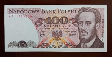 100 zł złotych  - 1976 r. seria AF - stan 1 UNC