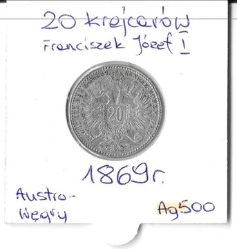 AUSTRIA - 20 krajcarów 1869 Franc.Józef I - Srebro