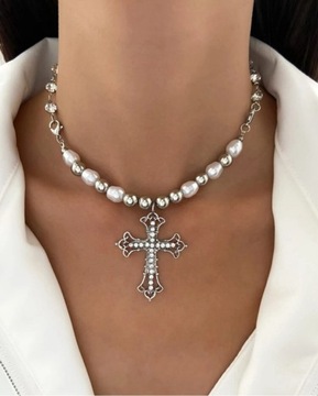 Nowy srebrny uniseks naszyjnik łańcuszek chain z cyrkoniami krzyż cross y2k