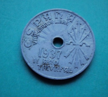 HISZPANIA 25 Centimes 1937 z otworem