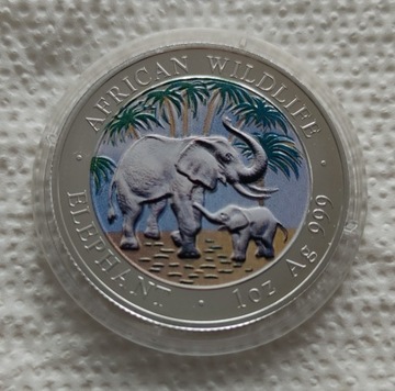 Somalia 2007 Słoń uncja srebra 1 oz Ag 999 kolor