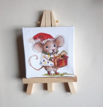 Mini obraz ręcznie malowany myszka prezent