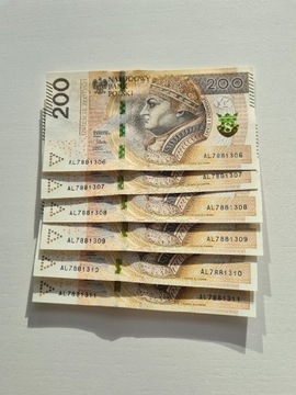 Banknoty 200 zł. BEZ OBIEGU. 6 sztuk seria AL
