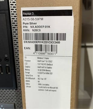 Nowy laptop Acer Aspire 3 A315 i5/16/512 gwarancja