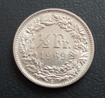 Szwajcarii 1/2 franka 1969 r. Srebro 