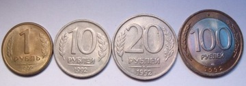 ROSJA komplet 1,10,20,100 rubli z 1992 r. TANIO!