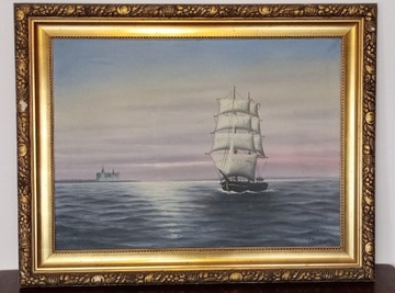 Obraz olejny na płótnie sygnowany Żaglowiec Statek na morzu