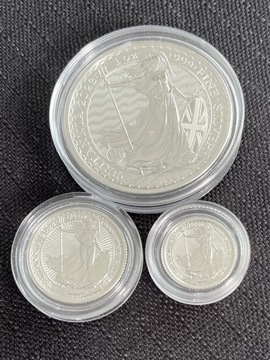 3 monety Britannia srebro AG 999 , 1 oz , 1/4 oz , 1/10 oz .