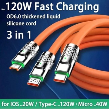 3 w 1 / 120W / 6A, USB C, Micro USB, iPhone