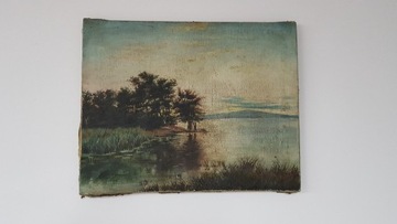 Piękny stary obraz olejny płótno pejzaż jezioro