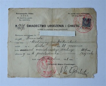 ŚWIADECTWO URODZENIA I CHRZTU - ŁÓDŹ 1938 r.