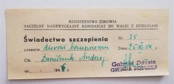 Dokument kolekcjonerski:świadectwo szczepienia1954