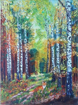 Leśny pejzaż z lisem, olej na płótnie 40 x 30 cm