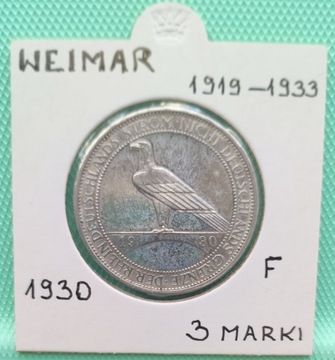 3 Marki 1930 F - ORZEŁ - WEIMAR - SREBRO