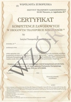 Certyfikat Kompetencji Zawodowych - przewóz rzeczy