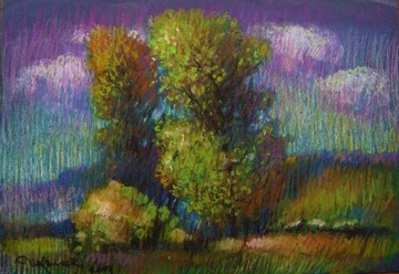 pejzaż DRZEWA CHMURY WIEŚ 34x49 pastel KRAJOBRAZ