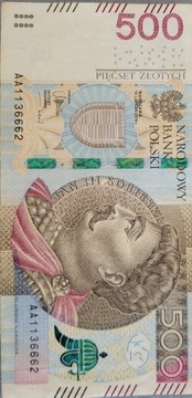 Banknot 500 zł wyjątkowej serii AA 1136662
