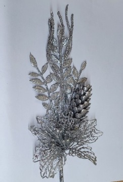 Gałązka świąteczna brokatowa srebrna pik 45cm