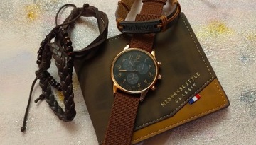 Skórzany portfel męski + zegarek + 4 bransoletki 