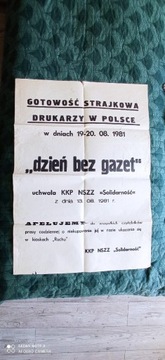 PLAKAT DZIEŃ BEZ GAZET 1981 rok ORYGINAŁ Z EPOKI 