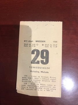 Kartka z kalendarza 29 wrzesnia    1980