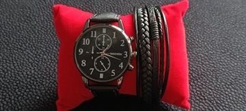 Czarny zegarek+bransoletka męska 