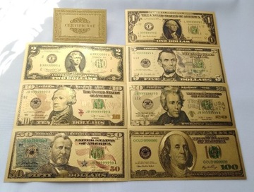 Banknoty pozłacane 24k + kolor 7 szt komplet USA
