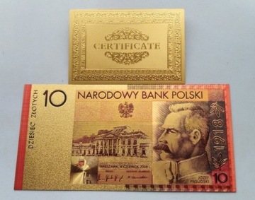 Banknot pozłacany 24k GOLD 10 zł. JÓZEF PIŁSUDSKI 