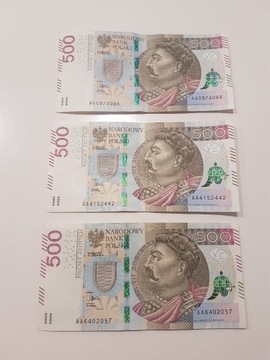 Banknoty 500zł niska seria AA AB AC AD