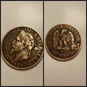 Moneta, Francja, Napoleon III, 5 Centimes, 1853rok