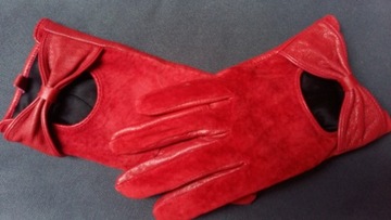 Rękawiczki damskie skóra/zamsz czerwone z kokardą