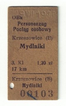 BILET KOLEJ KRZESZOWICE - MYDLNIKI 1940