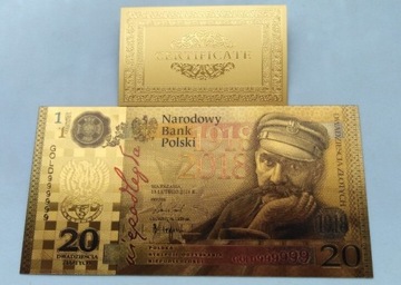 Banknot pozłacany 24k GOLD 20 zł. JÓZEF PIŁSUDSKI 
