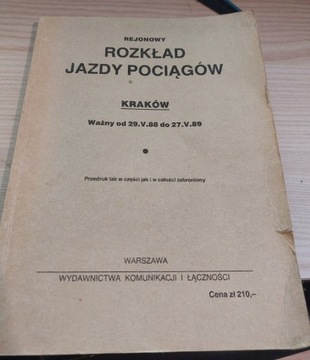 Rejonowy rozkład jazdy pociągów Kraków rok 88/89