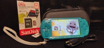 PSP 3004 Slim Turquoise Blue Etui Karta 64GB Kable