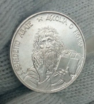 Srebrna moneta San Marino 1000 Lirów św. Benedykt 