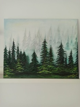 Obraz olejny las we mgle autorski na płotnie
