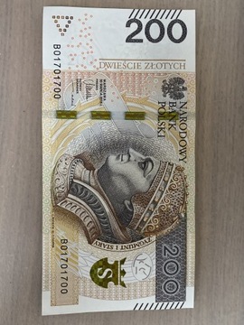 Banknot 200 PLN z ciekawym i unikalnym numerem